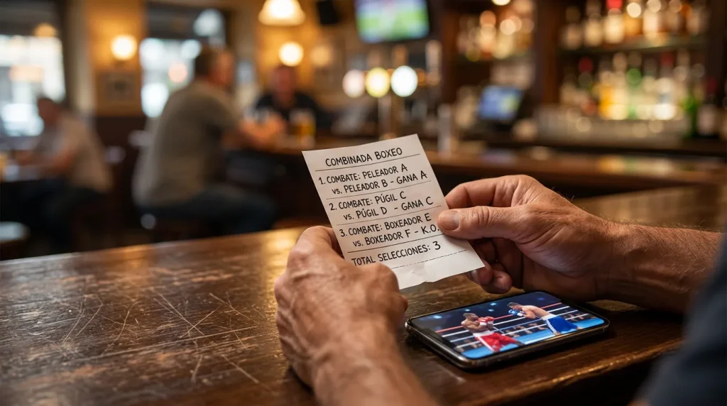 Ticket de apuesta combinada con tres combates de boxeo marcados sobre mesa de trabajo