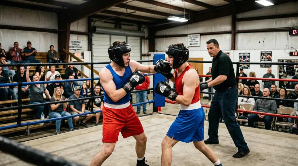 Boxeador amateur con casco protector durante combate en torneo internacional con jueces