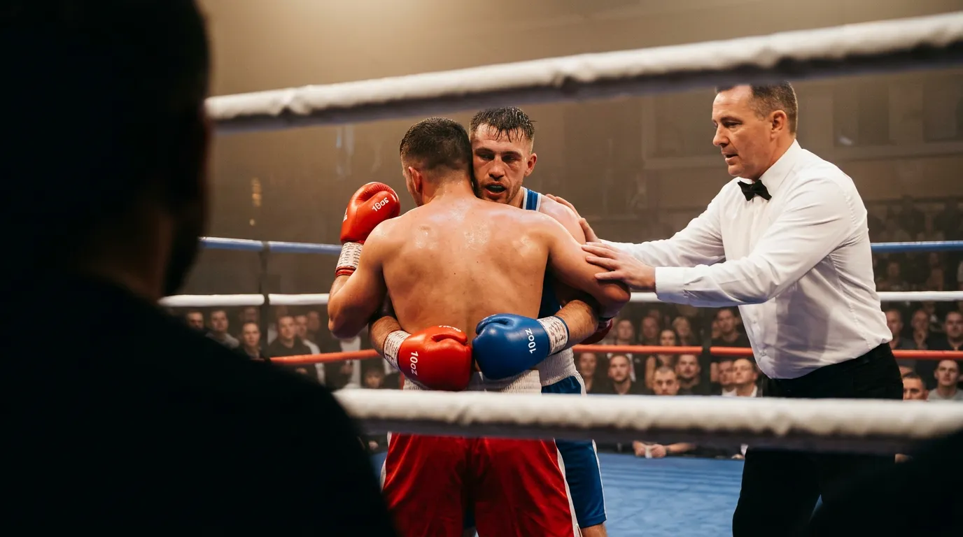 Combate de boxeo en directo con el público siguiendo el intercambio desde el ringside