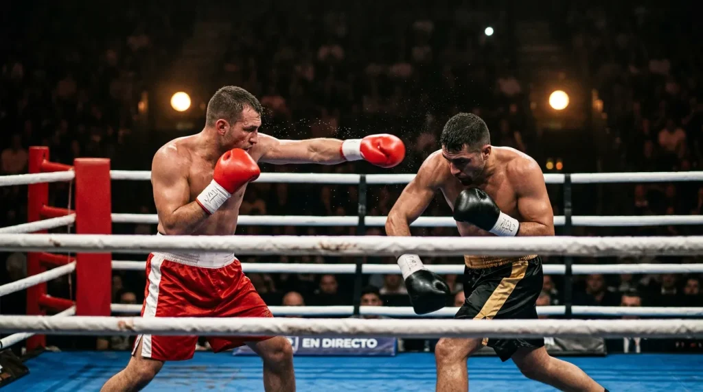 Pantalla de in-play con cuotas en movimiento durante un asalto de un combate de boxeo en directo