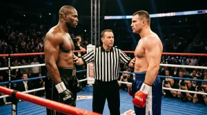 Boxeador pesado lanzando cruzado derecho contra rival que encaja contra las cuerdas