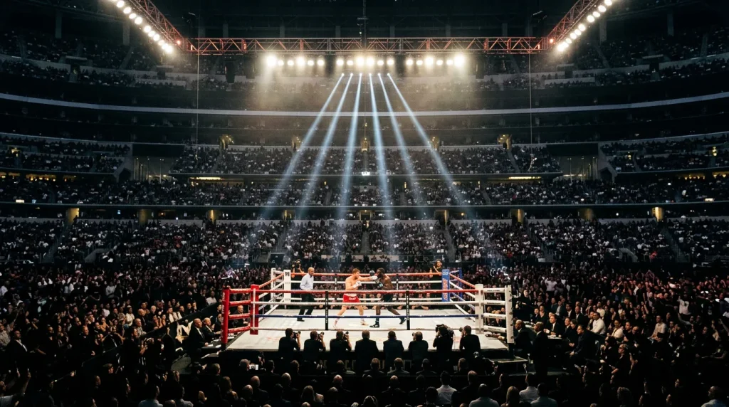 Dos boxeadores face to face durante pesaje oficial ante multitud en recinto de Las Vegas