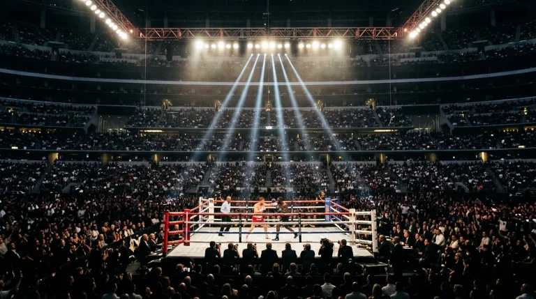 Dos boxeadores face to face durante pesaje oficial ante multitud en recinto de Las Vegas