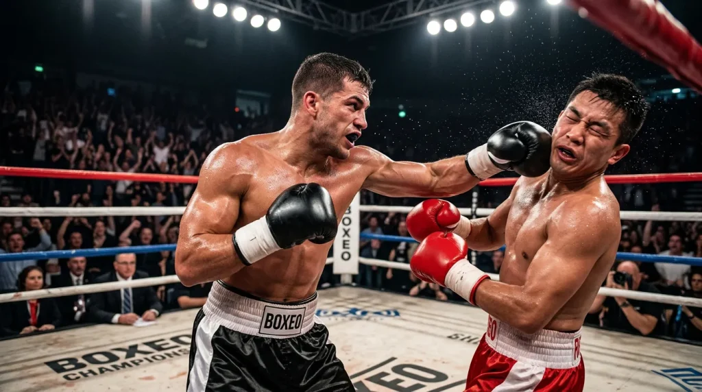 Boxeador japonés lanzando gancho al cuerpo con postura compacta y guardia alta
