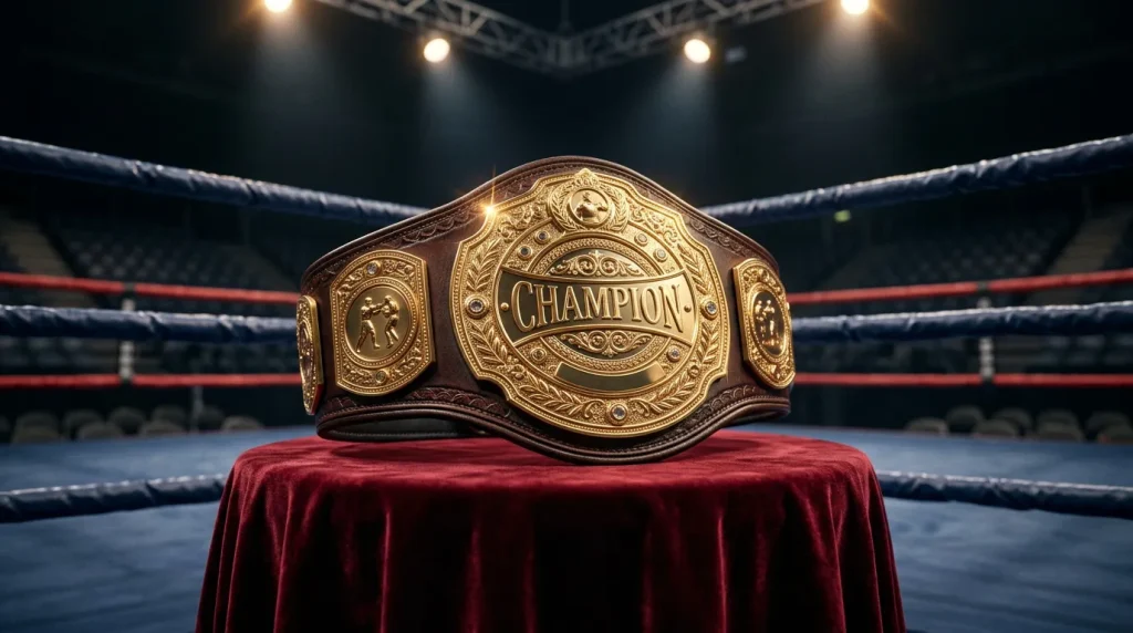 Cinturón de campeón mundial sobre pedestal junto al ring bajo luces de velada