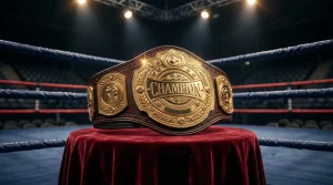 Cinturón de campeón mundial sobre pedestal junto al ring bajo luces de velada