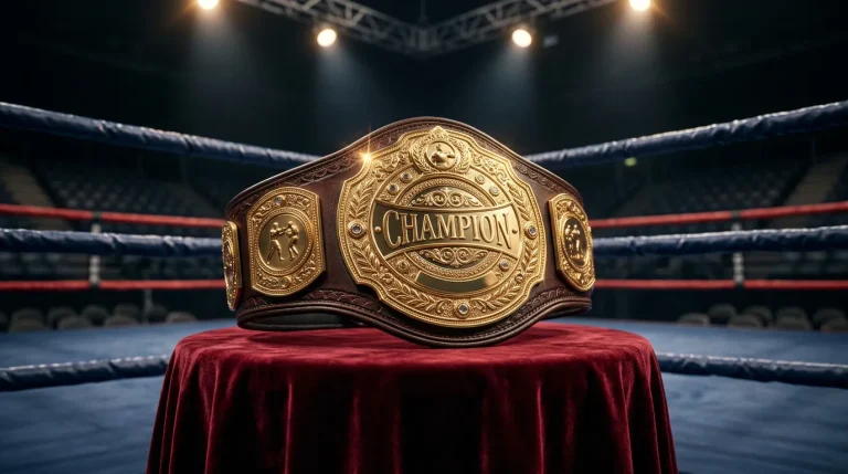 Cinturón de campeón mundial sobre pedestal junto al ring bajo luces de velada
