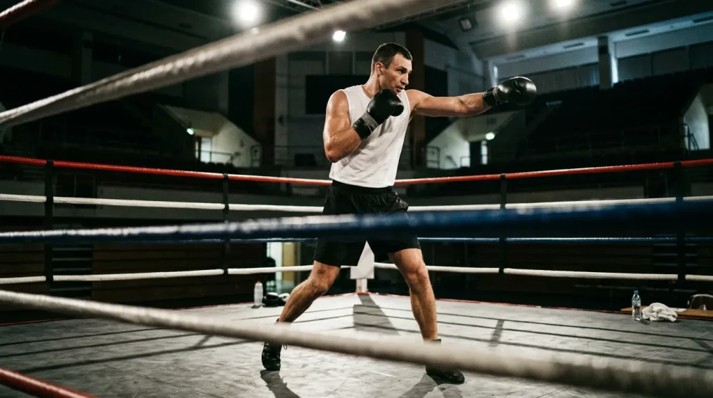 Boxeador zurdo lanzando jab con pie izquierdo adelantado sobre rival inclinado hacia atrás