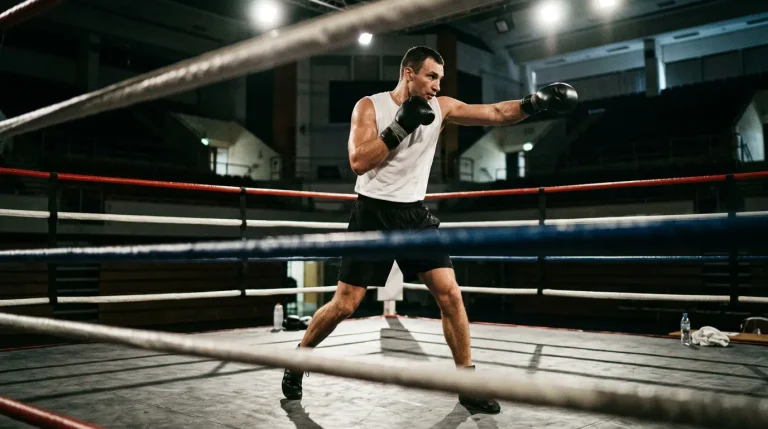 Boxeador zurdo lanzando jab con pie izquierdo adelantado sobre rival inclinado hacia atrás