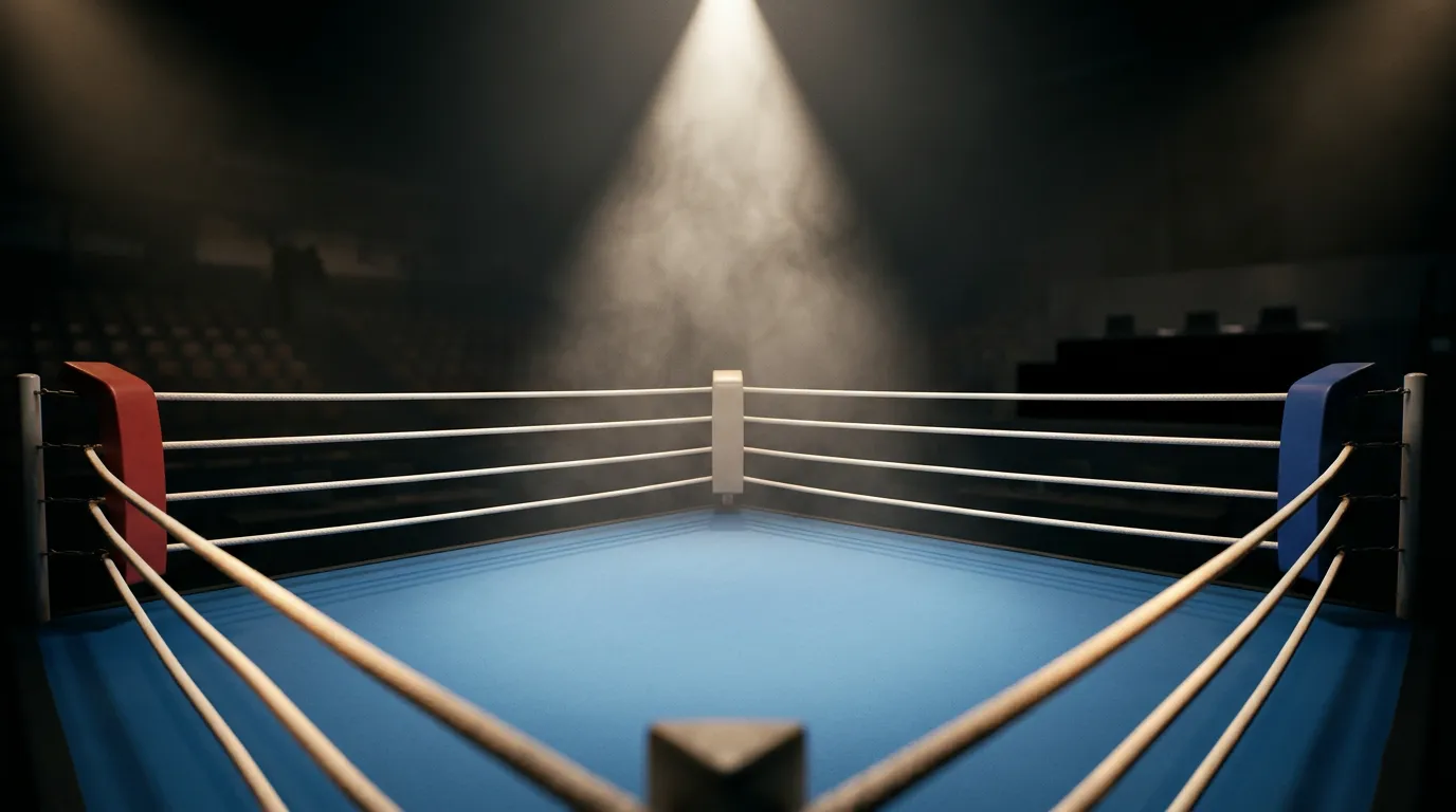 Ring iluminado antes de una velada profesional de boxeo en España
