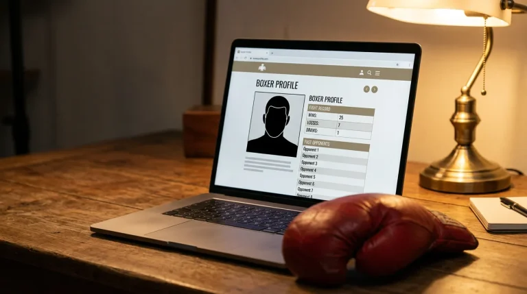 Pantalla con ficha de boxeador mostrando historial de combates y ranking profesional