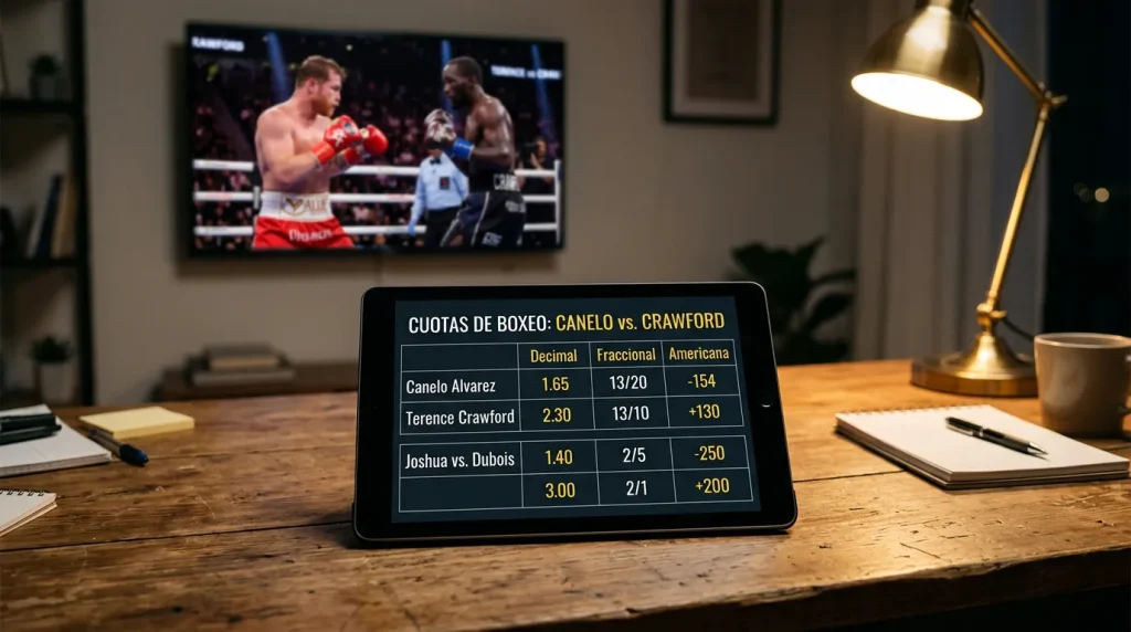 Tres pantallas con cuotas de boxeo en formato decimal, fraccional y americano simultáneas