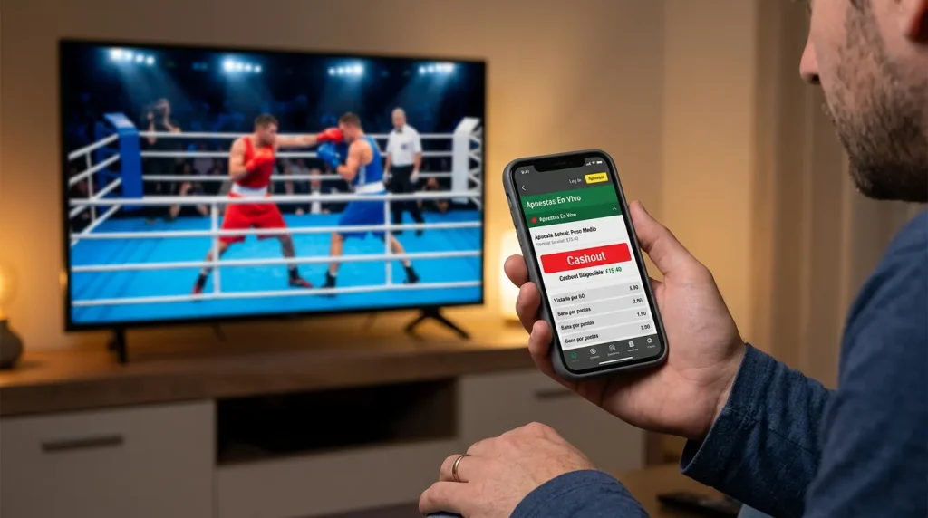 Pantalla de móvil mostrando botón de cashout sobre ticket de apuesta de boxeo activo