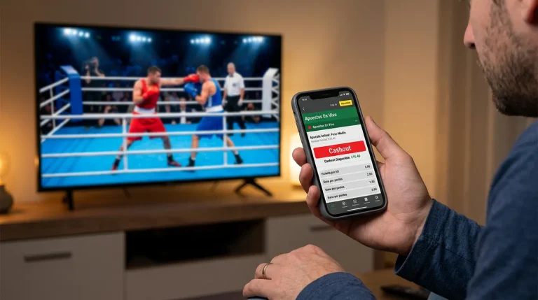 Pantalla de móvil mostrando botón de cashout sobre ticket de apuesta de boxeo activo