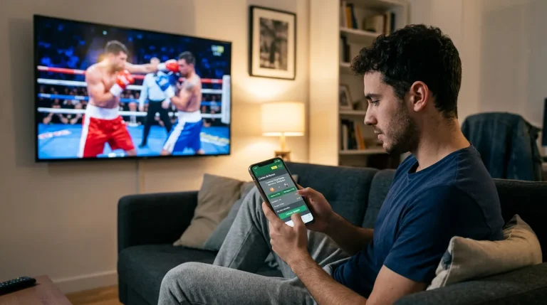 Apostador principiante consultando cuotas de boxeo en móvil ante la televisión