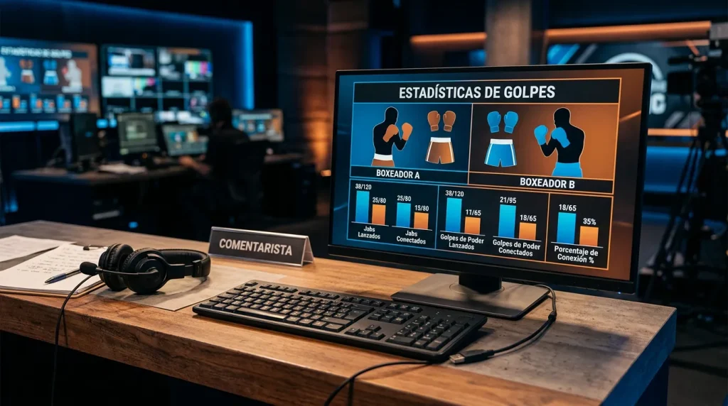 Pantalla con gráficos de punch stats y barras de precisión durante retransmisión de combate