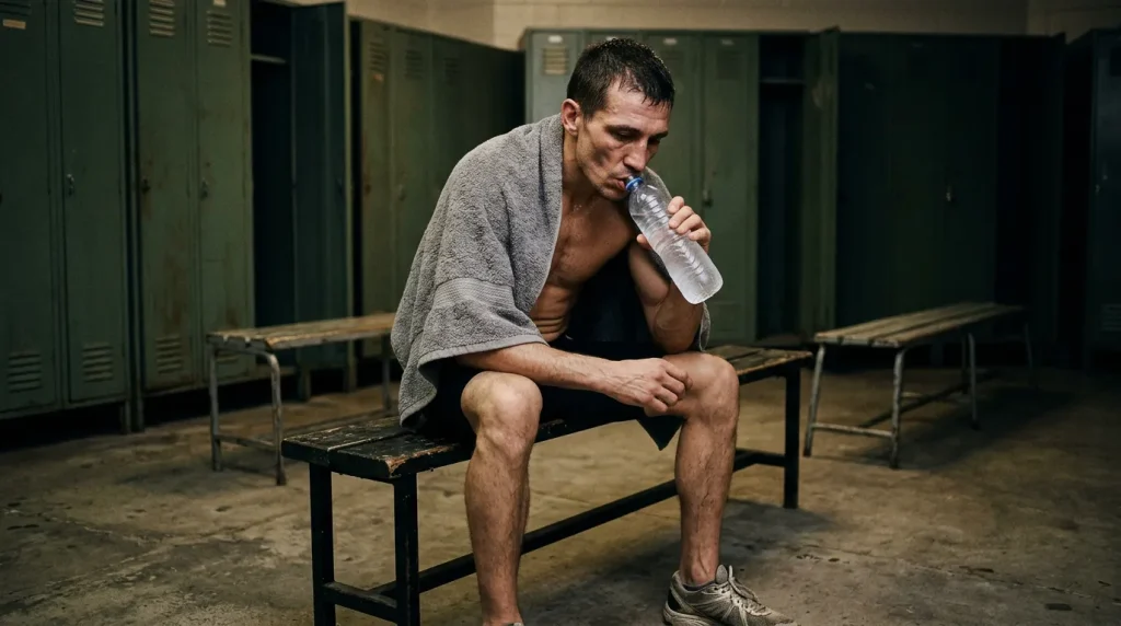 Boxeador demacrado sobre báscula con preparador vigilando cifra del pesaje oficial