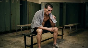 Boxeador demacrado sobre báscula con preparador vigilando cifra del pesaje oficial