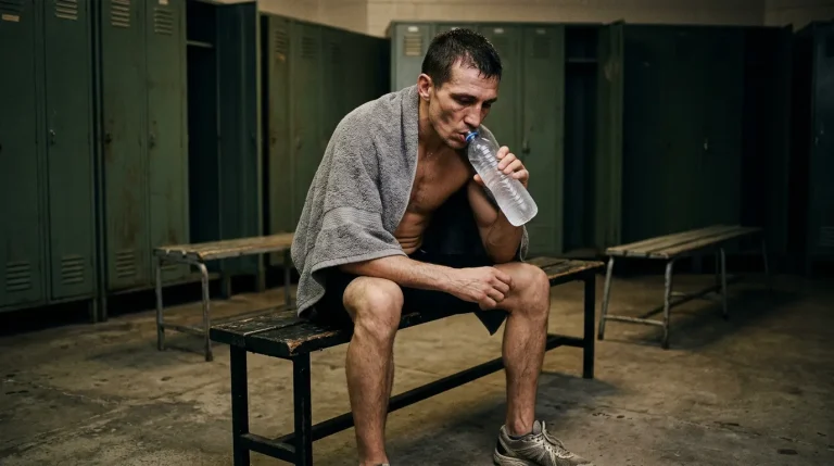 Boxeador demacrado sobre báscula con preparador vigilando cifra del pesaje oficial