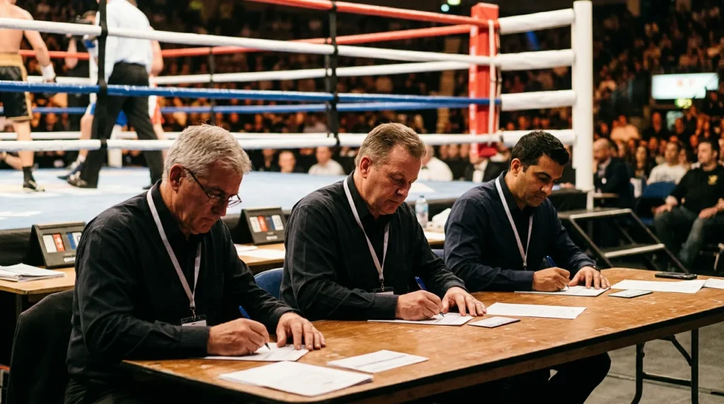 Tres jueces anotando tarjetas de puntuación junto al ring en combate profesional