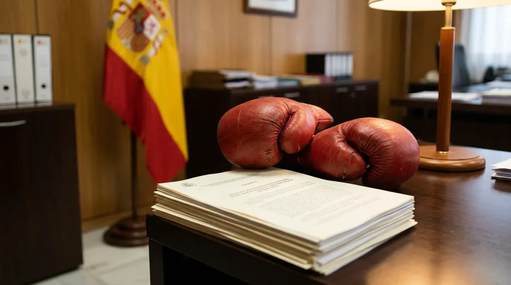 Edificio oficial con rótulo institucional junto a documentación regulatoria sobre mesa