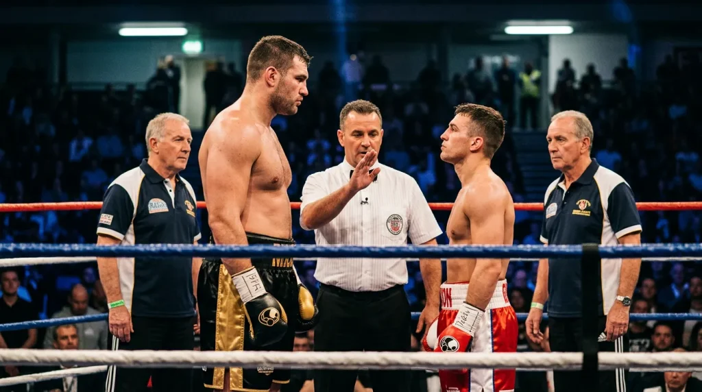 Boxeador favorito avanzando con guardia alta sobre retador replegado contra las cuerdas