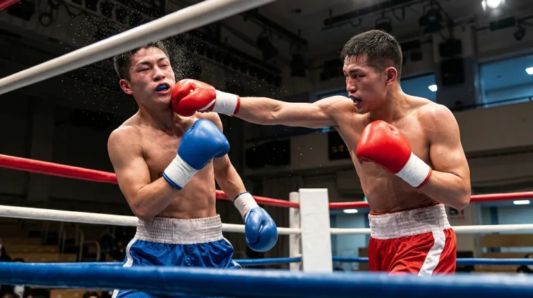 Boxeador conectando gancho en primer asalto mientras árbitro se acerca para intervenir