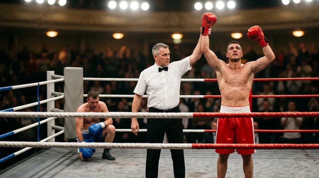 Árbitro contando protección sobre boxeador caído con juez anotando tarjeta