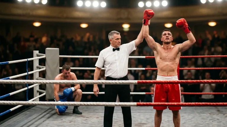 Árbitro contando protección sobre boxeador caído con juez anotando tarjeta