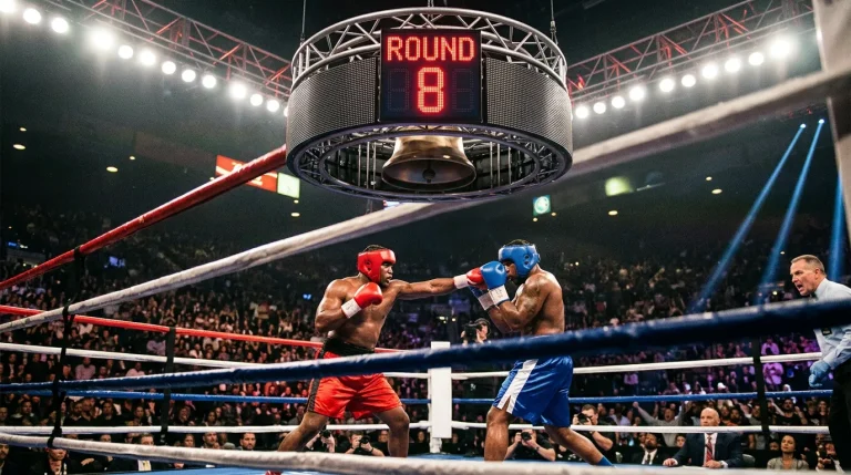 Cronómetro junto a esquina de ring durante descanso entre asaltos de combate profesional