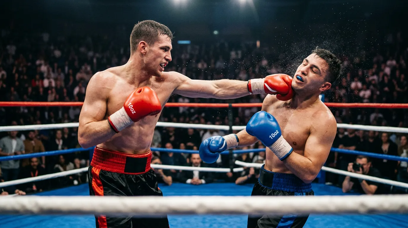 Boxeador profesional lanzando un gancho en combate por el título